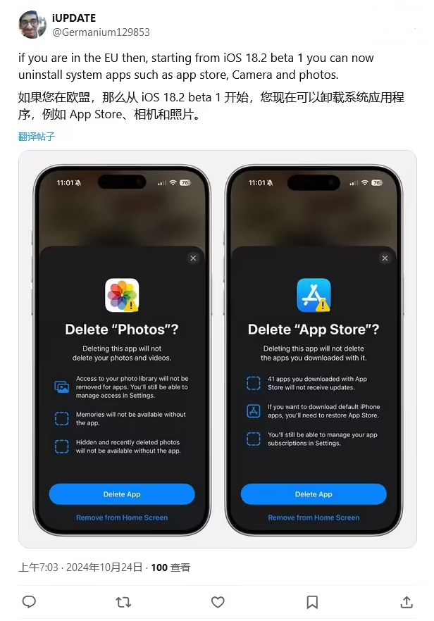 零陵苹果手机维修分享iOS 18.2 支持删除 App Store 应用商店 