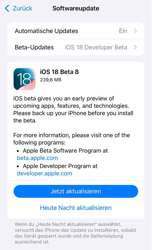 零陵苹果手机维修分享苹果 iOS / iPadOS 18 开发者预览版 Beta 8 发布 